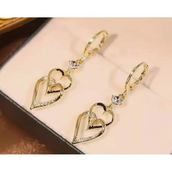 Gold Toned Double Heart Drop Earrings‎ With Rhinestones - Picture 3 of 4